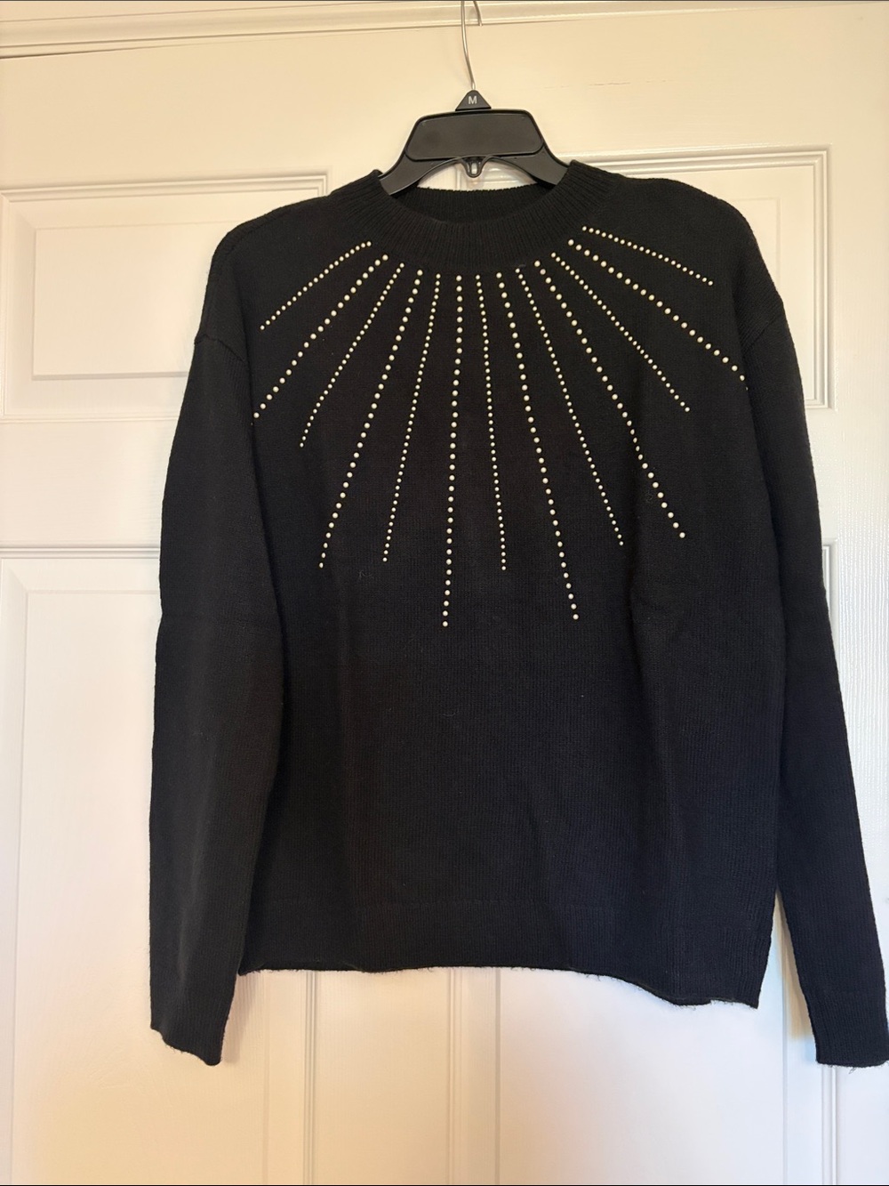Black Crewneck Sweater with Pearl Stud Detail - Women's